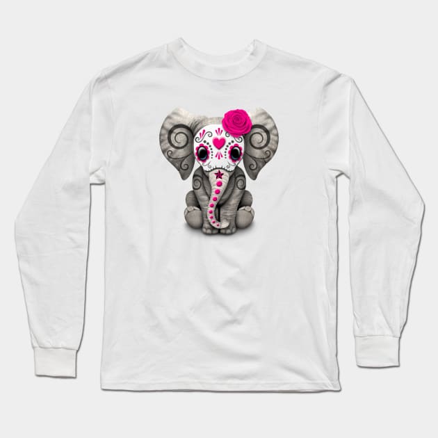 Pink Day of the Dead Sugar Skull Baby Elephant Long Sleeve T-Shirt by jeffbartels